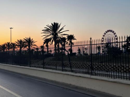 a fence with palm trees and a roller coaster at Baie d'Alger in Husseïn Dey