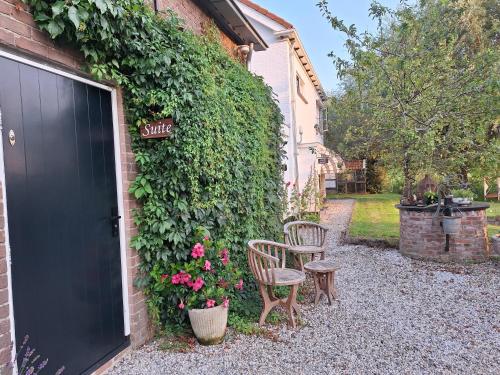 a building with a door and two chairs and flowers at Appartement 'Droom in de polder de Suite met prive sauna in Arnemuiden