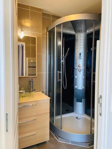 une salle de bain avec une douche avec un lavabo et une douche dans l'établissement Logement fonctionnel à l'entrée de Bordeaux, à Carbon-Blanc
