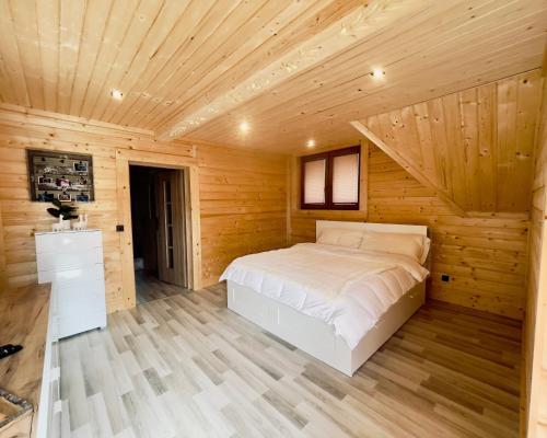 a bedroom with a bed in a wooden room at Villa Alexandra in Kościelisko
