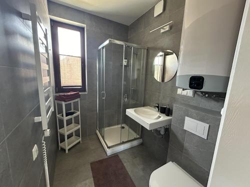 a bathroom with a shower toilet and a sink at 1-Bedroom Apartment by Šventosios vartai in Šventoji