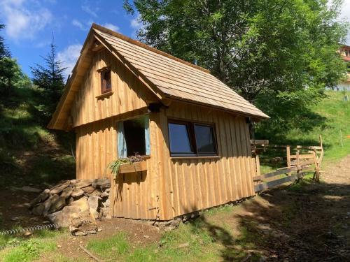 a wooden shed with a window on a rock at Die Schmiedn Selbstversorgerhütte in Glashütten