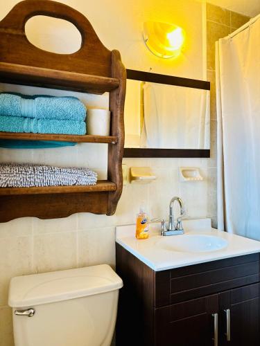 a bathroom with a sink and a toilet and towels at La Casa Grande in Guanajuato