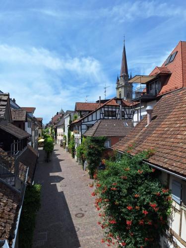 a street in a town with roofs and a church at Ferienwohnung Überblick in Radolfzell am Bodensee