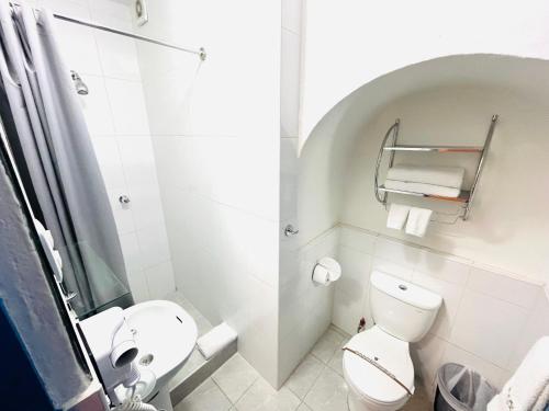 a small bathroom with a toilet and a shower at Rojas Plaza Boutique in Cusco