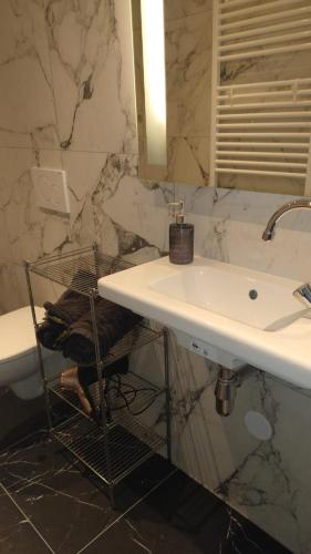 a bathroom with a sink and a mirror at Studio Bergen in Bergen