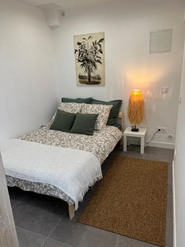 une chambre avec un lit et une lampe sur une table dans l'établissement Bas de Villa 2P, Grande Terrasse, Vue mer, Plage à 15mn, à Saint-Laurent-du-Var