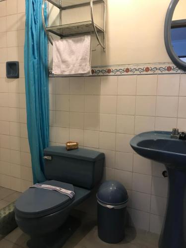 a bathroom with a blue toilet and a sink at Hostal Alfredo's Palace in Cusco