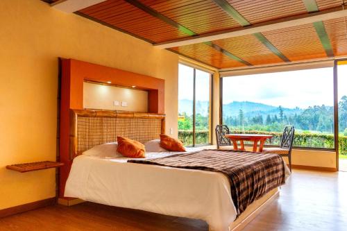 a bedroom with a bed and a large window at Hotel Rocas De Zunuba in Sutatausa