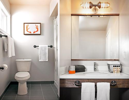 a bathroom with a toilet and a sink at Basecamp Tahoe City in Tahoe City