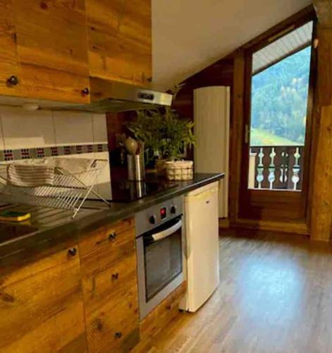 Il comprend une cuisine équipée d'une cuisinière. four supérieur à côté d'une fenêtre dans l'établissement Appartement cosy proche Châtel Portes du soleil - linge inclus, à Abondance