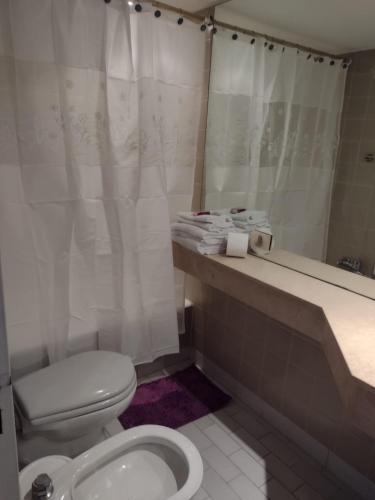 a bathroom with a toilet and a shower curtain at Apart Bayres Obelisco in Buenos Aires