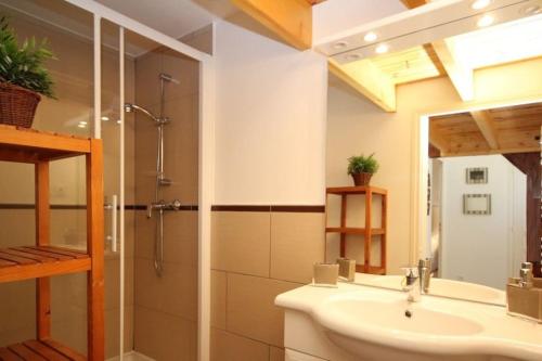 une salle de bain avec un lavabo et une douche dans l'établissement Appartement La Calèche classé 3 étoiles, à Mont-Dore