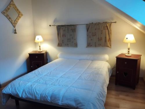 une chambre avec un lit avec deux tables de nuit et deux lampes dans l'établissement Appartement La Calèche classé 3 étoiles, à Mont-Dore