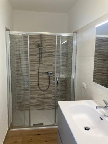 a bathroom with a shower and a white sink at Casa Teresa in Germignaga