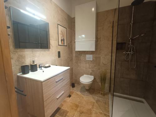 une salle de bain avec un lavabo, des toilettes et une douche dans l'établissement Gîte T2 au mas Aguilhon, à Saint-Marcel-dʼArdèche