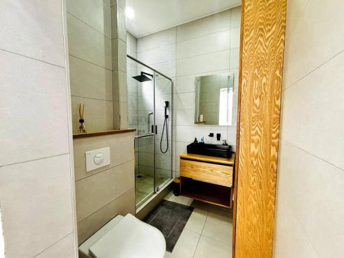 a bathroom with a shower and a toilet and a sink at Sublima Villa, Luxe et élégance in La Gaulette