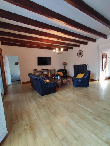 un salon avec des canapés bleus et une télévision dans l'établissement La Ferme aux Hibiscus, à Sarlat-la-Canéda