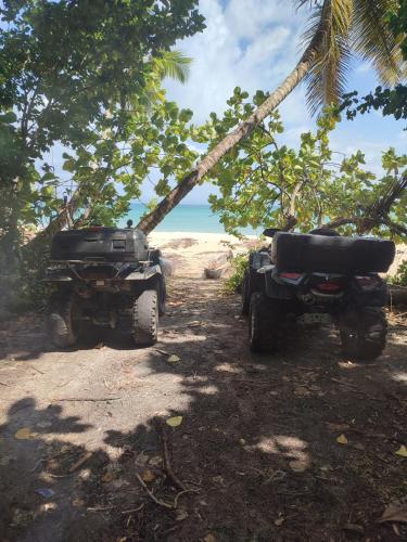 two vehicles parked on a dirt road next to the ocean at Nosy-Borah Holidays in Analabe