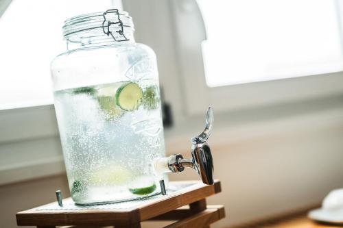 a bottle of water with a lime in it at martas Hotel Lutherstadt Wittenberg in Lutherstadt Wittenberg