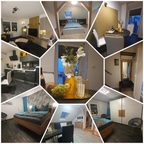 a collage of photos of a living room at Ferienwohnung ODIN, FREYA & THOR in Thale