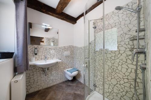 a bathroom with a shower and a toilet and a sink at Unterurban DIE EINS in Unsere Liebe Frau im Walde