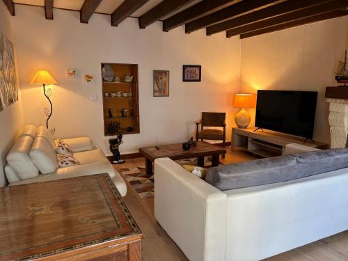 a living room with a white couch and a television at Nid douillet-Loire à 100m in Saint-Léger-des-Vignes