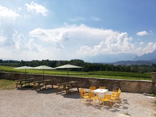 a group of tables and chairs with a view at Agriturismo Villa di Modolo - Cortile della Latteria in Belluno