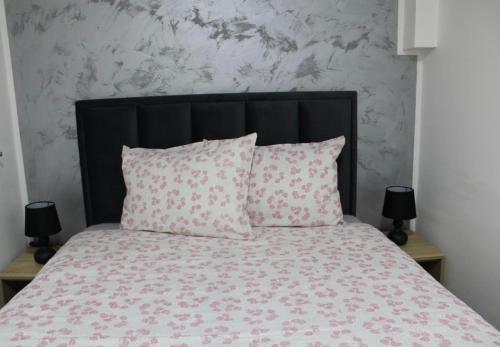 a bed with a black headboard and two pillows at IN SILVER Apartman in Vršac