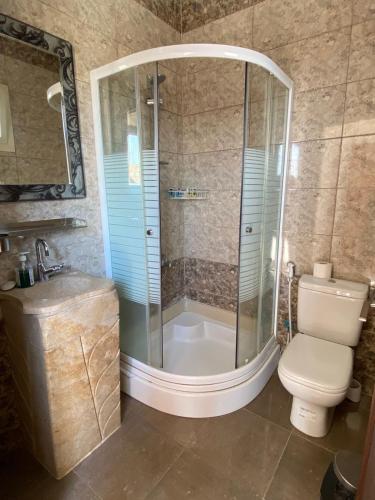 a bathroom with a shower and a toilet and a sink at Narmer Pyramids View in Cairo