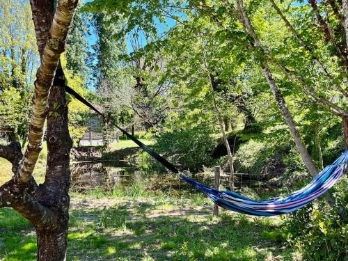 a hammock hanging from a tree in a park at gîte sivade - vue épique - grand jardin clôturé in Capdrot