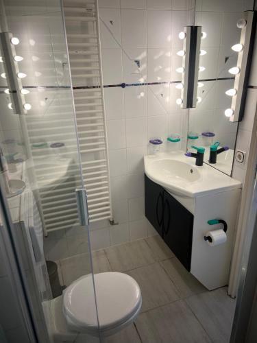 a bathroom with a toilet and a sink and a shower at Anda in Zandvoort