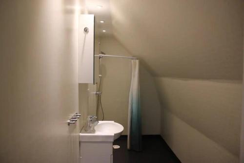 a bathroom with a toilet and a shower and a sink at Stor lägenhet i centrum in Karlshamn