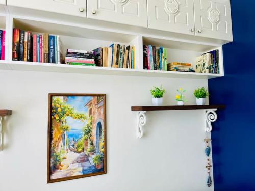a book shelf with books and a painting on it at Positano in Varna City