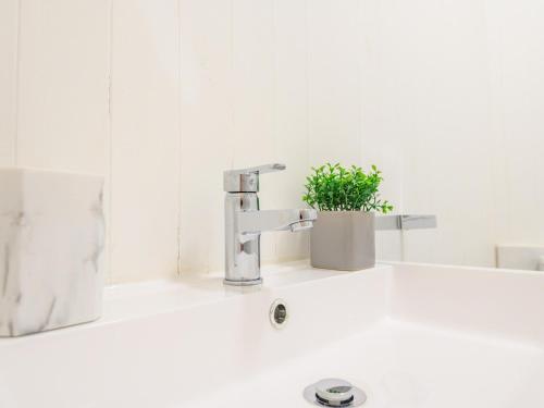 a bathroom sink with a faucet and a plant at Spacious Oasis - Perfect for Large FamiliesGroups - Pass the Keys in Morley