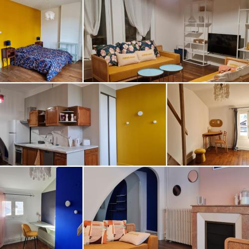 un collage de quatre photos d'une pièce dans l'établissement Art déco-cooning, à Autun