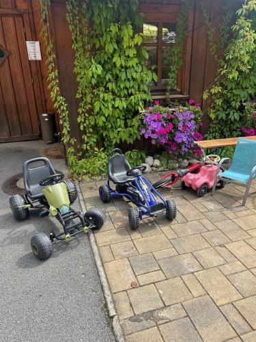 two tricycles are parked on the side of a yard at Villa Styria in Bad Aussee