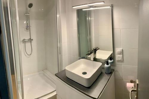 une salle de bain blanche avec un lavabo et une douche dans l'établissement T2 Chic et Cosy à Montréjeau, à Montréjeau