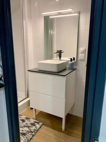 une salle de bain avec un lavabo et un miroir dans l'établissement T2 Chic et Cosy à Montréjeau, à Montréjeau