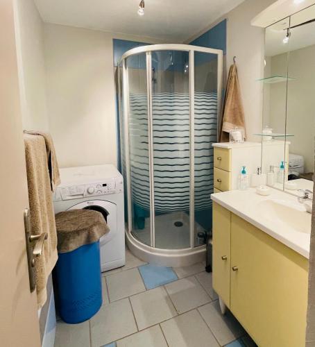 une salle de bain avec douche et machine à laver dans l'établissement Maison Ciel et Mer, à Grimaud