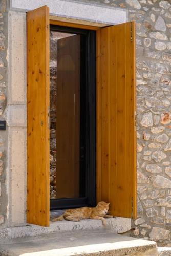 an orange cat sitting in a window of a building at The Nektar House in Epáno Loúmas