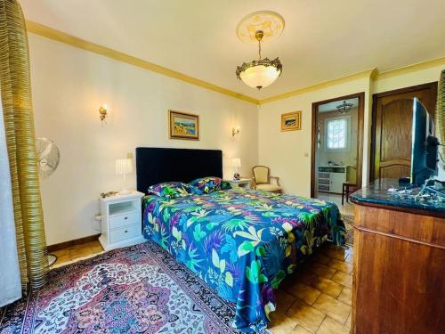 a bedroom with a bed and a dresser and a television at Studio Soleil - Piscine, Parking, Jardin, Calme, Wifi, 2 personnes in Istres