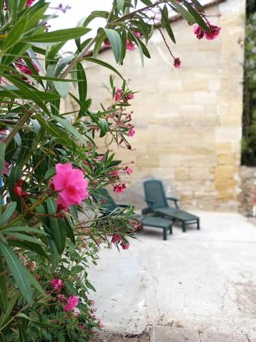 a bench sitting in front of a building with flowers at Confortable T2 - 1 à 4 pers- WIFI in Béguey