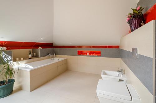 a bathroom with a tub and a sink and a toilet at Willa Winnica Maria Anna in Wyżne