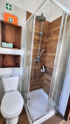 a bathroom with a shower and a toilet at House of Arts in Corroios