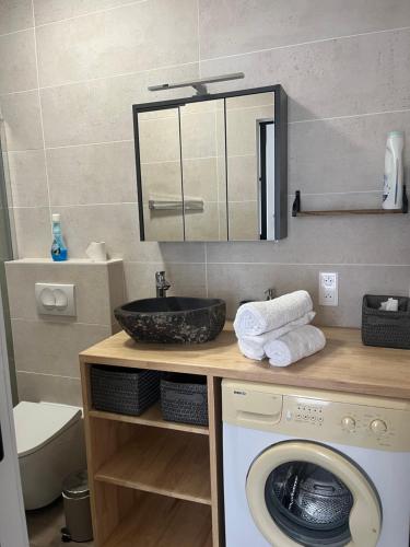 une salle de bain avec une machine à laver et un lavabo dans l'établissement Superbe appart neuf et cosy, à Agde
