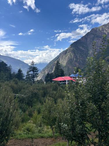 a building on a hill with mountains in the background at Hotel Geetanjali in Sāngla