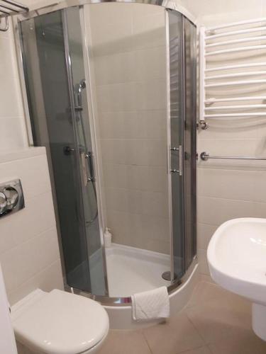 a bathroom with a shower and a toilet and a sink at Villa Lessing in Polanica-Zdrój