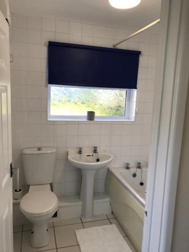 a bathroom with a toilet and a sink and a tub at Ty Haf in Swansea