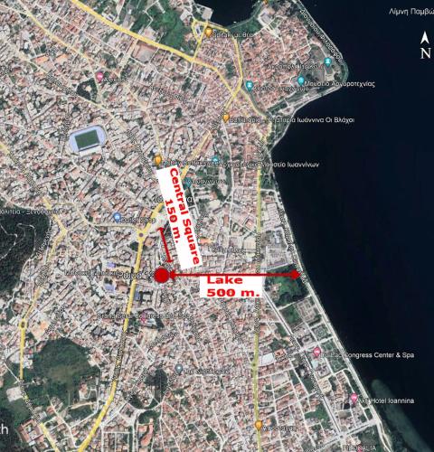 a map of a city with a red marker at Citynest studio in Ioannina